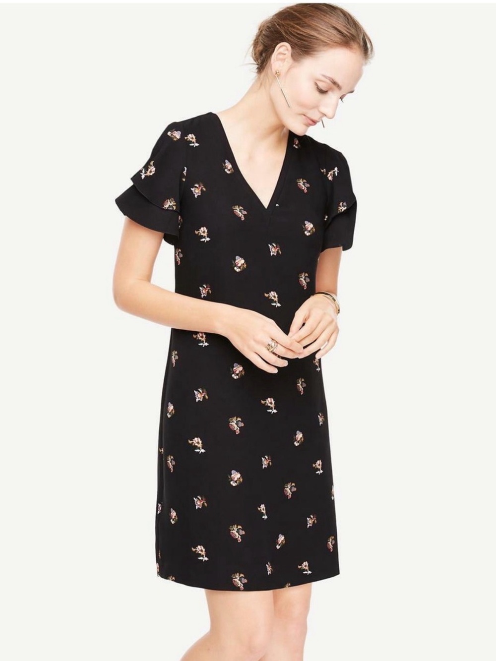 Ann Taylor Floral Double Ruffle Sleeve Shift Dress size 0